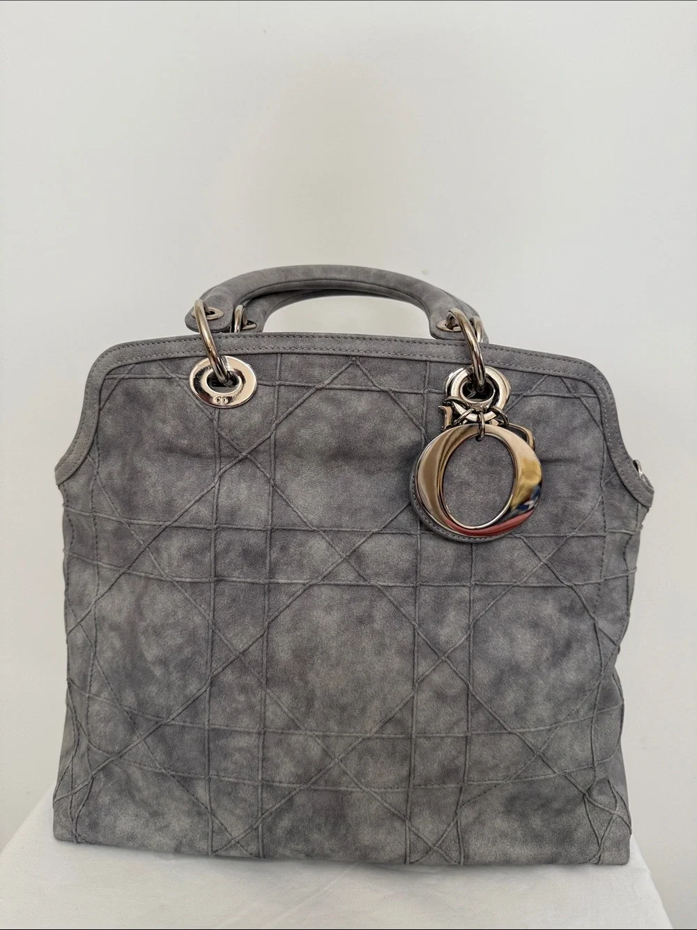 Dior Grey Quilted Top-Handle Satchel with Silver Hardware